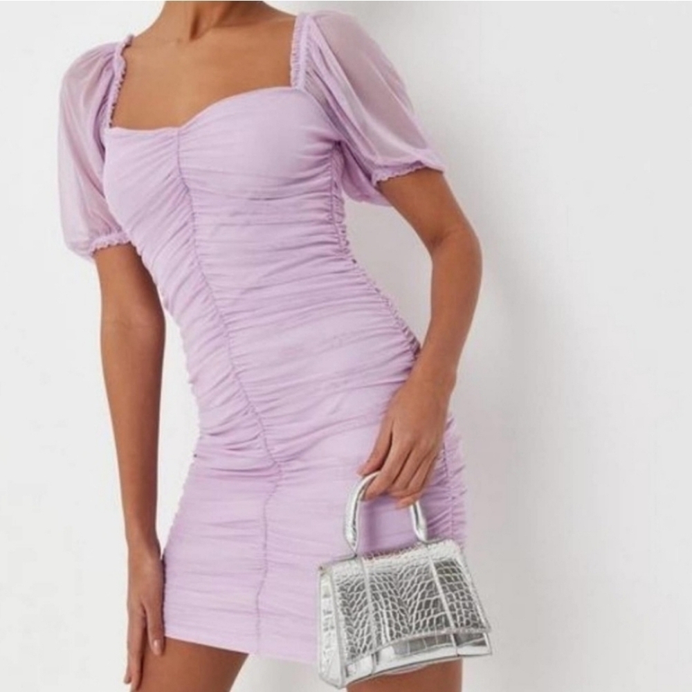 Missguided Organza Milkmaid Mini Dress Purple Sz. 0 Short Sleeve Puff